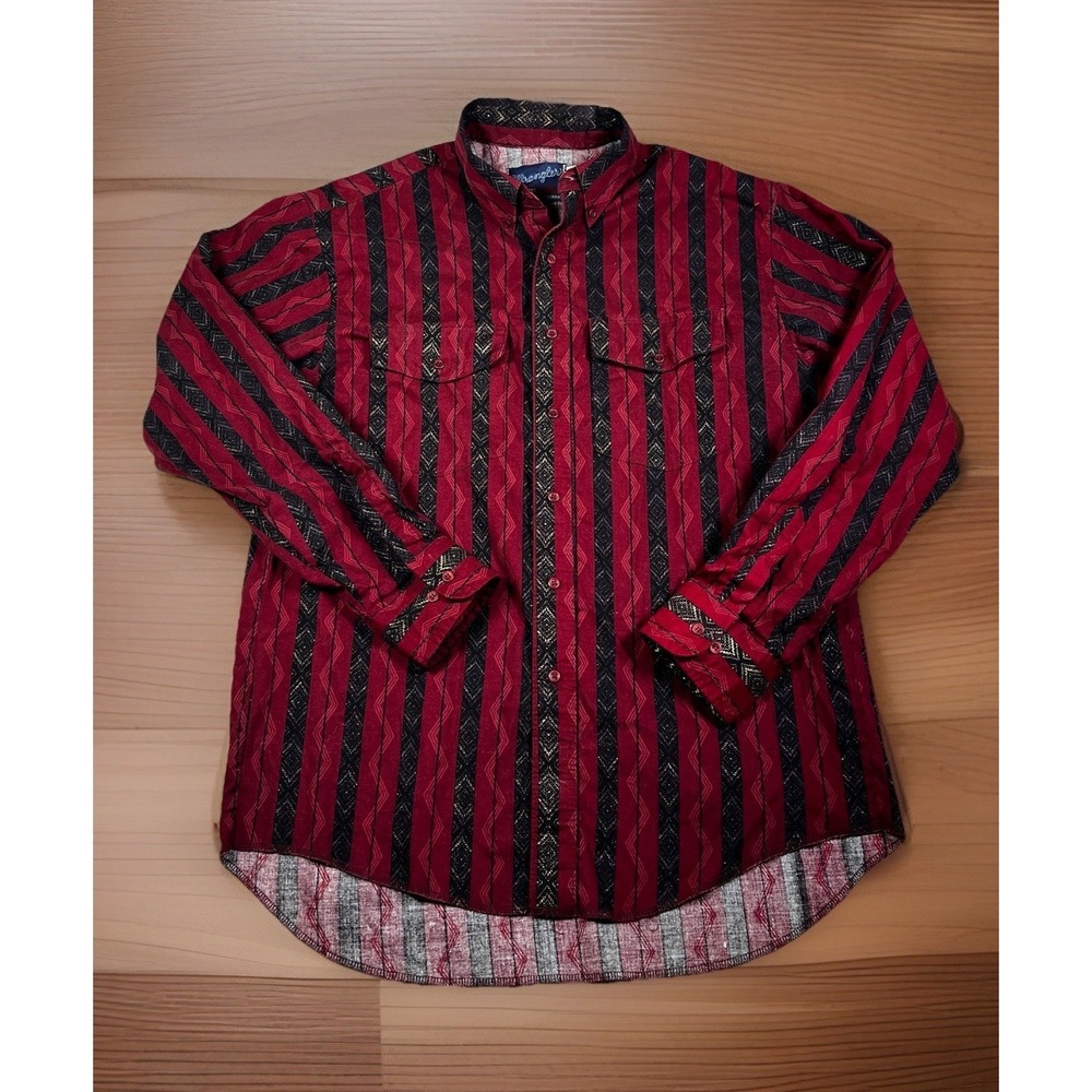 VTG Wrangler Western Long Sleeve Button Up Shirt Men L (16.5x35) Made In USA-EUC